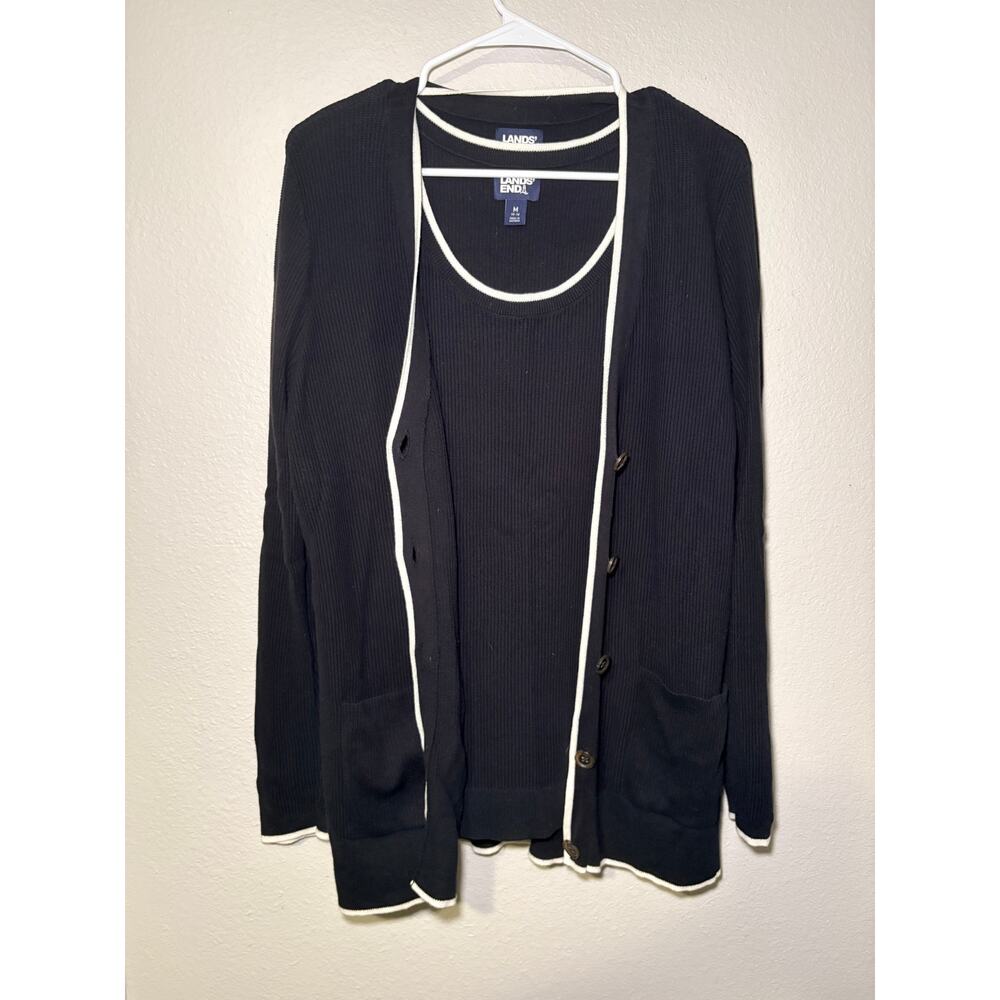 Lands End Black White Trim Knit Cardigan Sweater Tank Set Twinset Size M 10 12
